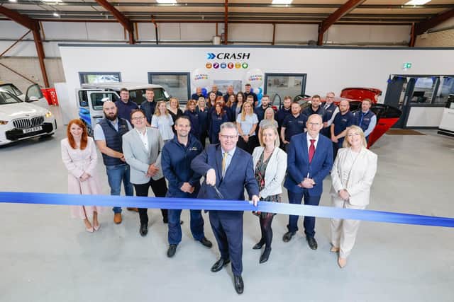 Northern Ireland accident management company CRASH Services is marking its 30th anniversary with a major investment of almost £500,000 in new premises in Mallusk. Pictured is CRASH Services employees with Sinead McAllister, chief financial officer, Chris Harte, fleet director, Paul O’Hare, finance director, David Irwin, fleet manager, Jonathan McKeown, chief executive officer, Paula Mahoney, marketing director, Steve Beighton, IT director and Michelle Murphy, operations director