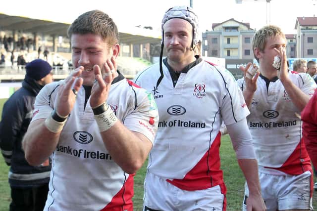 Current Dungannon coach Bryan Young (front) celebrating a win with Ulster in 2011. (Photo by Darren Kidd/PressEye)