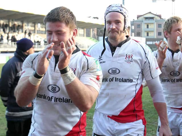 Current Dungannon coach Bryan Young (front) celebrating a win with Ulster in 2011. (Photo by Darren Kidd/PressEye)