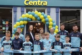 Musgrave NI has invested £500,000 in revamping its Centra store in Bushmills, which unveiled a modern new look on Saturday (4 May). Pictured at the event are  Caroline Rowan, head of retail operations for Musgrave NI and  store manager Mandy Glass with Bushmills United Youth FC