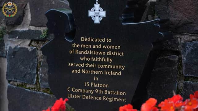 The memorial to 9th Battalion of the Ulster Defence Regiment in Randalstown where NI veterans commissioner Danny Kinahan filmed his remembrance video this year