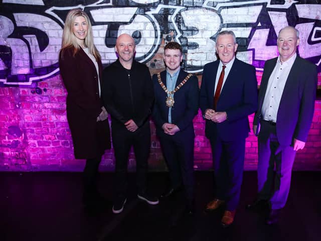The 2023 editions of Belsonic Festival at Belfast’s Ormeau Park and Emerge Music Festival in Boucher Fields, generated additional economic activity amounting to £30.8million and created almost 6,000 paid employment opportunities according to an independent report.  Pictured are Deborah Collins, Visit Belfast, Alan Simms, Belsonic, councillor Ryan Murphy, Lord Mayor, Belfast, Minister Conor Murphy, Department of Economy and Liam Hannaway, chair, Arts Council Northern Ireland