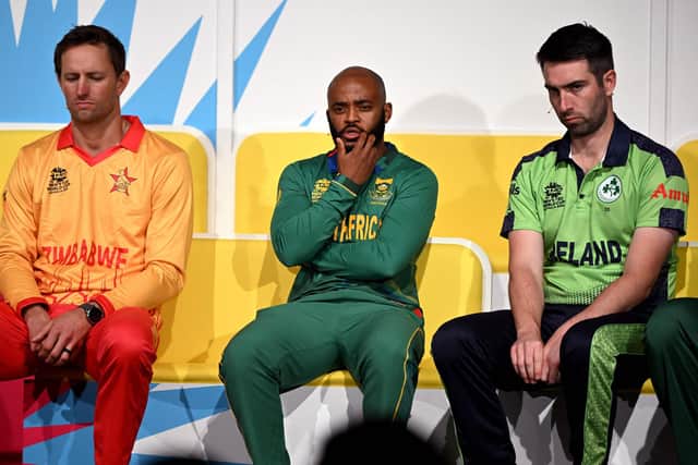Ireland captain Andrew Balbirnie (right) with, from left, Craig Ervine (Zimbabwe captain) and Temba Bavuma (South African captain) ahead of the 2022 T20 World Cup