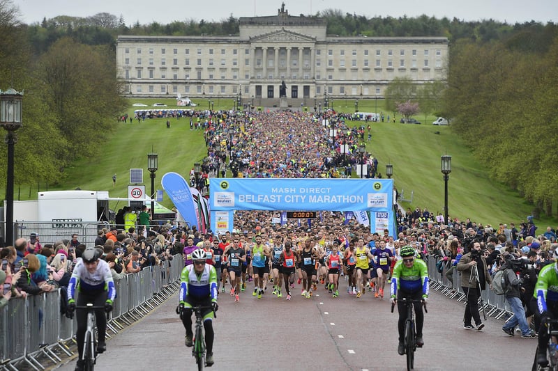 Thousands of runners are taking part in the Belfast City Marathon. The 26.2 mile-long (42.1 km) race started at the Stormont Estate in the east of the city.
The route takes runners across Belfast, past landmarks including City Hall and Parliament Buildings, before finishing in Ormeau Park. 
Picture By: Arthur Allison/ Pacemaker Press.