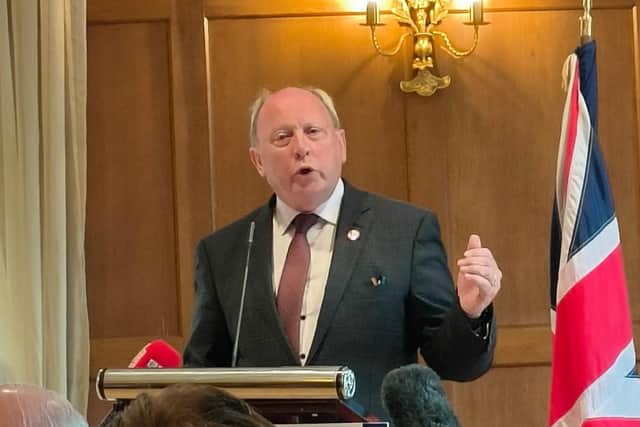 Jim Allister during the TUV April 2022 Manifesto at the Dunadry Hotel. Photo: Colm Lenaghan/Pacemaker