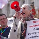 Peter Tatchell at a rally, arguing that it should be a crime to try and alter someone's self-professed 'gender identity'