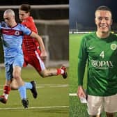 Oisin Devlin (left, PIC: Pacemaker Press) and Rory Powell (far right, PIC: Warrenpoint Town) both produced man of the match performances for their clubs on Saturday after playing for Northern Ireland U18 Schoolboys on Friday evening