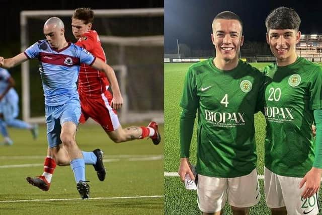 Oisin Devlin (left, PIC: Pacemaker Press) and Rory Powell (far right, PIC: Warrenpoint Town) both produced man of the match performances for their clubs on Saturday after playing for Northern Ireland U18 Schoolboys on Friday evening