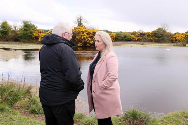 Lisa Dorrian's father John and sister Joanne at an area - one mile from the caravan site - that has been searched several times by police. Photo: Jonathan Porter/Press Eye