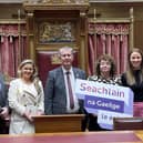 Pictured with the Assembly Speaker Edwin Poots MLA are members of Conradh na Gaeilgeon (L-R): Conchubhair Mac Lochlainn; Paula Melvin; Principal Deputy Speaker Carál Ní Chuilín; Michaeline Donnelly and Niall Comer.