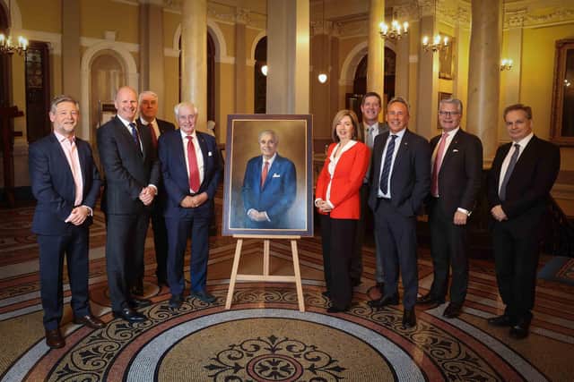 Belfast Harbour has unveiled a specially commissioned portrait of Stena Line owner and chairman, Dan Sten Olsson. The unveiling comes as Stena Line marks a record year for freight volumes on its Belfast routes with approximately 587,000 units being transported in 2023.  Pictured are Cpt Kevin Allen (harbour master), Belfast Harbour, Joe O’Neil (CEO), Belfast Harbour, Andy Kane (regional ports operation manager-Irish Sea North), Stena Line, Dan Sten Olsson, Dr Theresa Donaldson (chair), Belfast Harbour Commissioners, Michael Robinson (port director), Belfast Harbour, Paul Grant (trade director), Stena Line, Niclas Martensson (CEO), Stena Line and Maurice Bullick (finance director), Belfast Harbour