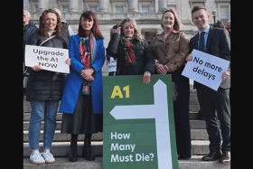 Safety campaigners Ciara Sands, Sinead Lunny, Monica Heaney, councillor Joy Ferguson and MLA Eoin Tennyson pushed for A1 road improvements at Stormont.