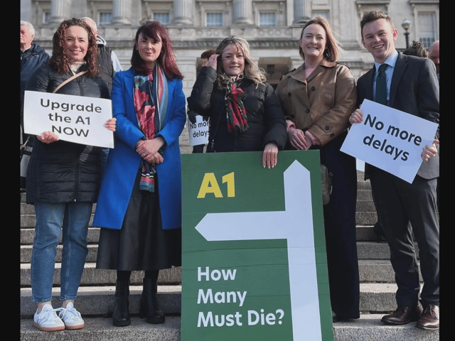 Safety campaigners Ciara Sands, Sinead Lunny, Monica Heaney, councillor Joy Ferguson and MLA Eoin Tennyson pushed for A1 road improvements at Stormont.