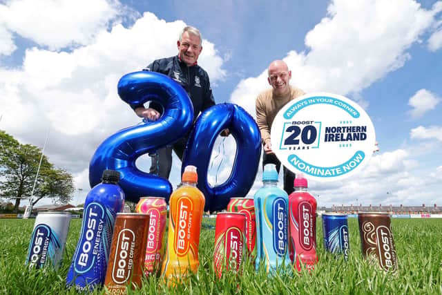 Gareth Hardy from Hardy Distribution, exclusive distributor of Boost Drinks in Northern Ireland, and local rugby hero, Stewart Porter, Malone Mixed Ability Rugby, celebrate 20 years of Boost in Northern Ireland by launching the Always In Your Corner campaign