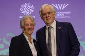 Robert McVeigh being presented with his Commonwealth Games Federation Order of Merit Award in Singapore in November 2023 by CGF President Dame Louise Martin for over three decades of service to Commonwealth Sport in Northern Ireland and internationally.