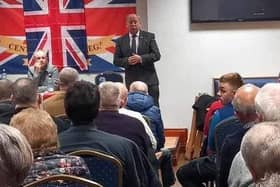 TUV leader Jim Allister addresses Tuesday night's meeting in Carrickfergus Orange Hall