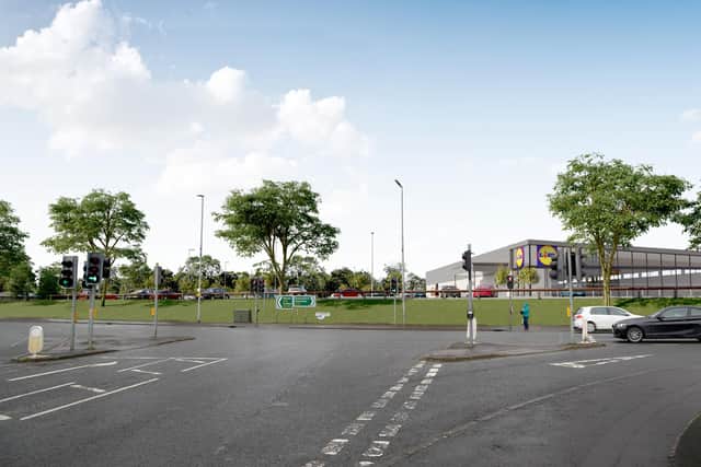 Lidl Northern Ireland’s wider plans for the site include the creation of an additional large 9,000 sq ft retail unit, four smaller units and a drive-thru restaurant or coffee shop, with 35 new jobs directly created when the new store opens. Around 120 jobs will be created throughout the construction and development phase of the new store. Pictured are CGI of the store