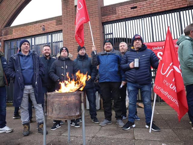 Transport workers on the picket line at Glengall Street bus depot this morning
Trade union strikes have brought public transport to a standstill on Thursday.
School support workers are also taking to picket lines in a protest about pay.
The latest industrial action comes as legislation is to be debated which could lead to the restoration of the Northern Ireland Assembly and Executive in the coming days.