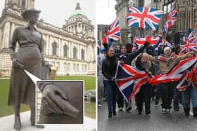 The new Winifred Carney statue (left, with gun highlighted) and flag protestors in 2012