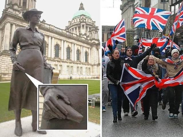 The new Winifred Carney statue (left, with gun highlighted) and flag protestors in 2012