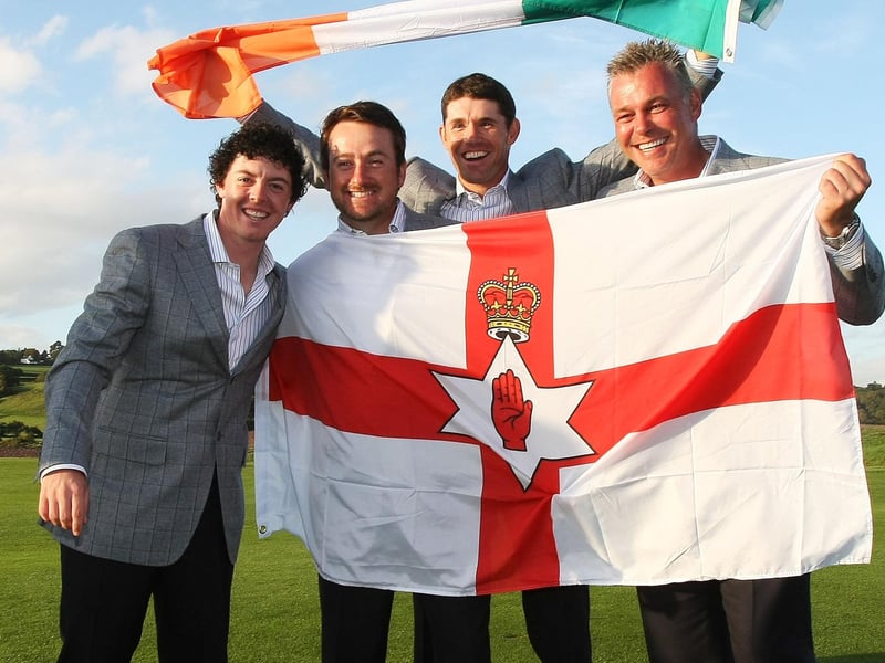 2010 Ryder Cup Final Day Singles Matches 4/10/2010Europe vs USARory McIlroy, Graeme McDowell, Padraig Harrington and vice captain Darren Clarke celebrateMandatory Credit ©PRESS EYE/INPHO/Cathal Noonan