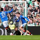 Rangers' Ryan Naderi (right) celebrates scoring in victory over Celtic. (Photo by Andrew Milligan/PA Wire)