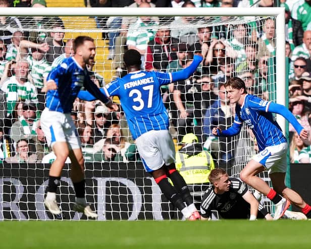 Rangers' Ryan Naderi (right) celebrates scoring in victory over Celtic. (Photo by Andrew Milligan/PA Wire)