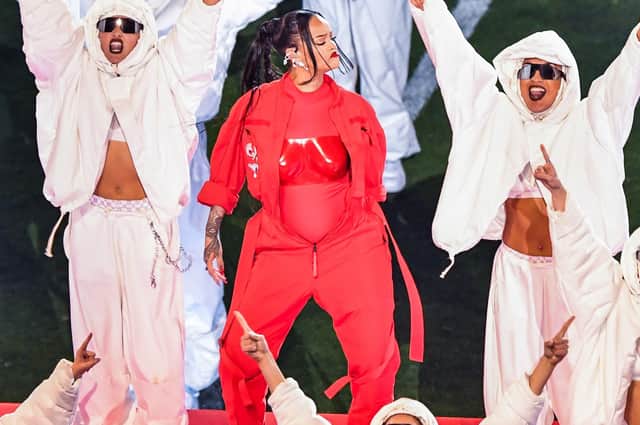 Rihanna performs during the Super Bowl LVII show last weekend in an outfit designed by Jonathan Anderson from Northern Ireland