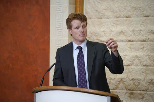 US special envoy to Northern Ireland for economic affairs Joe Kennedy III speaks to the media at Parliament Buildings at Stormont, Belfast. Photo: Niall Carson/PA Wire