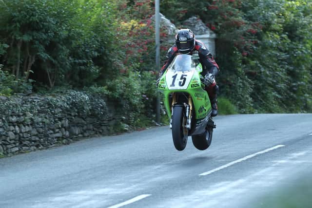 Derek Sheils at Ballacrye on the Greenhall Racing Kawasaki ZXR750 at the Classic TT in 2019