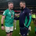 Head coach Andy Farrell with captain Peter O'Mahony (left) after the Guinness Six Nations victory over Scotland in Dublin