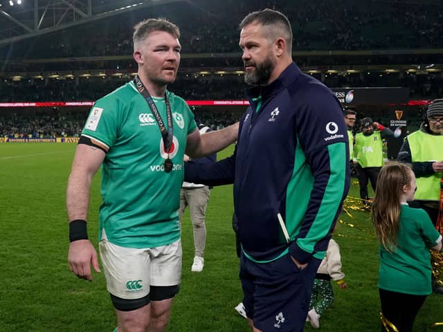 Head coach Andy Farrell with captain Peter O'Mahony (left) after the Guinness Six Nations victory over Scotland in Dublin