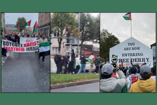Images from Tuesday night's protest in Londonderry city, as shared by users on Twitter (the man in the middle image is the one with the megaphone)