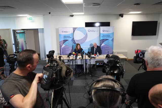 NI Policing Board chair Deirdre Toner and vice-chair Edgar Jardine who announced that Simon Byrne had quit as chief constable of the PSNI after policing board members accepted his resignation with immediate effect