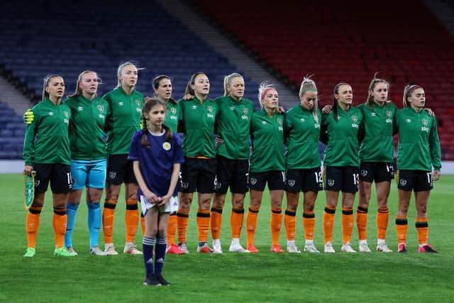 Players of Republic of Ireland line up during the National Anthems prior to kick off of the 2023 FIFA Women's World Cup play-off round 2 match between Scotland and Republic of Ireland at Hampden Park on October 11, 2022 in Glasgow, Scotland. Photo by Ian MacNicol/Getty Images
