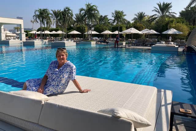 Hannah Stephenson at the pool of the Jumeirah Zabeel Sarah hotel in Dubai.