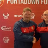 Niall Currie (left) pictured with Davy Douglas, who has been appointed as Performance Analyst at Shamrock Park. Picture: Portadown FC