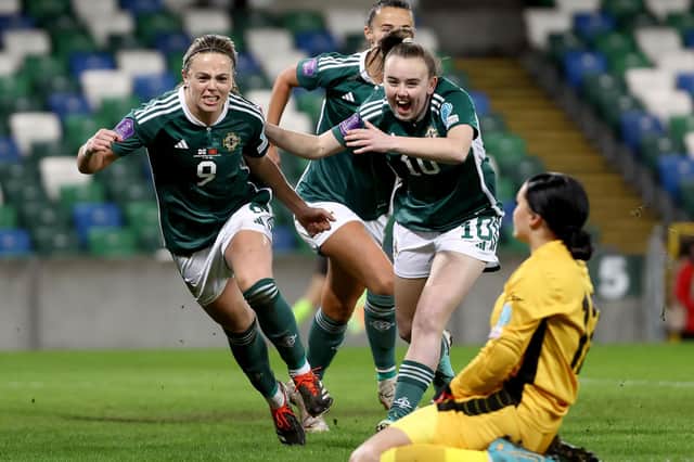 Northern Ireland’s Simone Magill heads off to celebrate scoring against Montenegro in the UEFA Women's Nations League promotion/relegation play-off second-leg 1-1 draw at the National Football Stadium at Windsor Park. The equaliser left Northern Ireland home by 3-1 on aggregate to preserve League B status in the tournament. (Photo by William Cherry/PressEye)