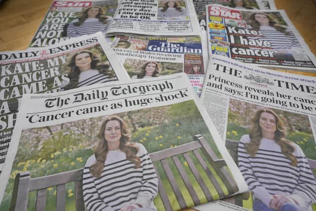 A montage of the front pages of some of Britain's newspapers in London on Saturday, following the Princess of Wales' revelation that she is undergoing treatment for cancer