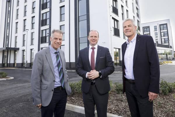Choice group chief executive, Michael McDonnell pictured with Minister for Communities, Gordon Lyons MLA and Paul Leonard, chair of Choice Services Board at the first mixed tenure apartment scheme in Northern Ireland