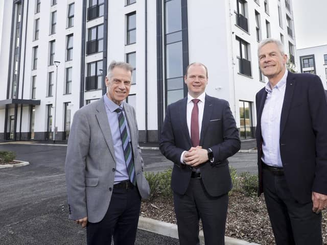 Choice group chief executive, Michael McDonnell pictured with Minister for Communities, Gordon Lyons MLA and Paul Leonard, chair of Choice Services Board at the first mixed tenure apartment scheme in Northern Ireland