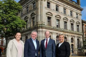 The future of the former Danske Bank building in Londonderry has been secured after Inner City Trust acquired the landmark Shipquay Square property through a £1.4 million loan from the Department for Communities. Pictured outside the former Danske Bank building in Londonderry are Shona Campbell, general manager Inner City Trust, Damian McAteer, Inner City Trust, Communities Minister Gordon Lyons MLA and Vicki Hassan, operations director at Danske Bank