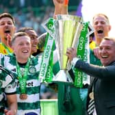 Northern Ireland-born Celtic manager Brendan Rodgers with the Scottish Premiership trophy on Saturday. (Photo by Andrew Milligan/PA Wire)