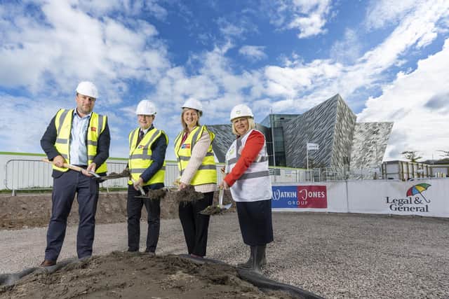Watkin Jones, the UK's leading developer and manager of residential for rent homes, in partnership with Northern Ireland firms Lacuna Developments, and contractor, Graham has commenced work on the first Build to Rent (‘BTR’) scheme in Northern Ireland, at The Loft Lines Titanic Quarter in Belfast. Pictured are at the breaking ground ceremony
are Alex Pease, interim CEO of Watkin Jones, John Godfrey, director of Levelling up, Legal & General, Grainia Long, chief executive of Northern Ireland Housing Executive and Carol McTaggart, group chief executive of Clanmill Housing Association