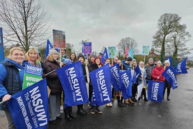 NASUWT members joined teachers from four other unions on picket lines today in schools right across Northern Ireland. Pictured are teachers at Foyle College in Londonderry.
