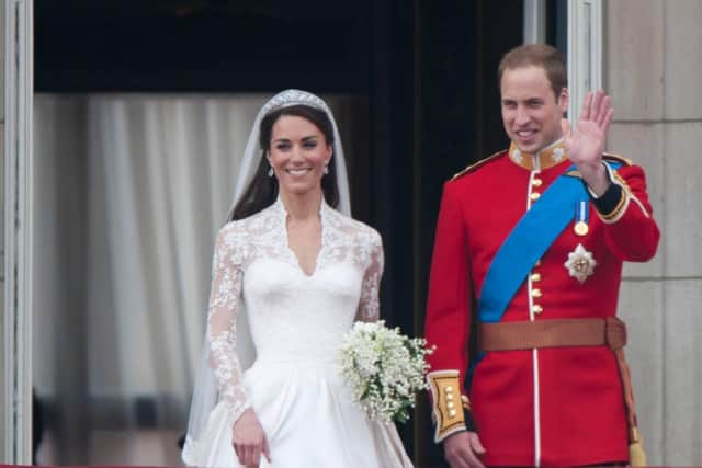 Catherine, Princess of Wales, wore a dress designed by Sarah Burton for the fashion house of Alexander McQueen on her wedding day on April 29, 2011