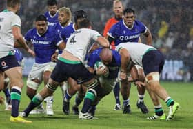 Samoa's prop James Lay is tackled by Ireland's lock Iain Henderson during the pre-World Cup match between Ireland and Samoa in Bayonne. PIC: ROMAIN PERROCHEAU/AFP via Getty Images