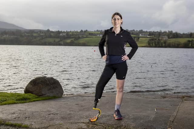 Rosie Tennyson at Camlough Lake in Co Armagh. The Northern Ireland mother-of-five who had her right leg amputated below the knee and underwent a double mastectomy is celebrating her remarkable recovery by training with the hope to one day compete in a triathlon.