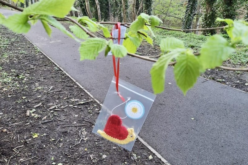 Banbridge grandma Audrey Strong has been putting a smile on people’s faces with her random acts of crochet kindness. Pictured is one of her creations left on a tree for someone to find