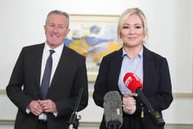 Economy minister Conor Murphy and First Minister Michelle O'Neill speak to the media following the first East-West Council meeting at Dover House in London. The party now holds key ministerial briefs at Stormont including economy and finance. Photo: Stefan Rousseau/PA Wire